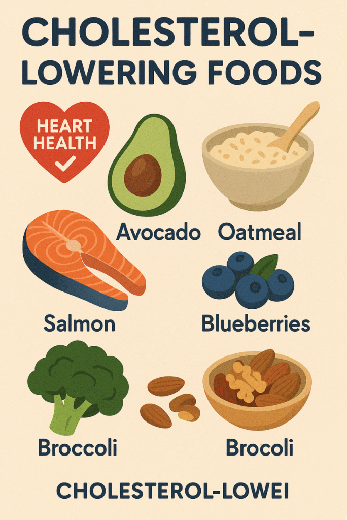 Infographic of cholesterol-lowering foods including avocado, oatmeal, salmon, blueberries, broccoli, and nuts