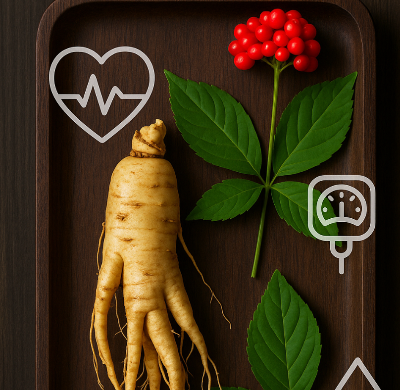 Korean ginseng root with berries and leaves on a wooden tray with subtle health icons for heart, blood pressure, immunity, and glucose