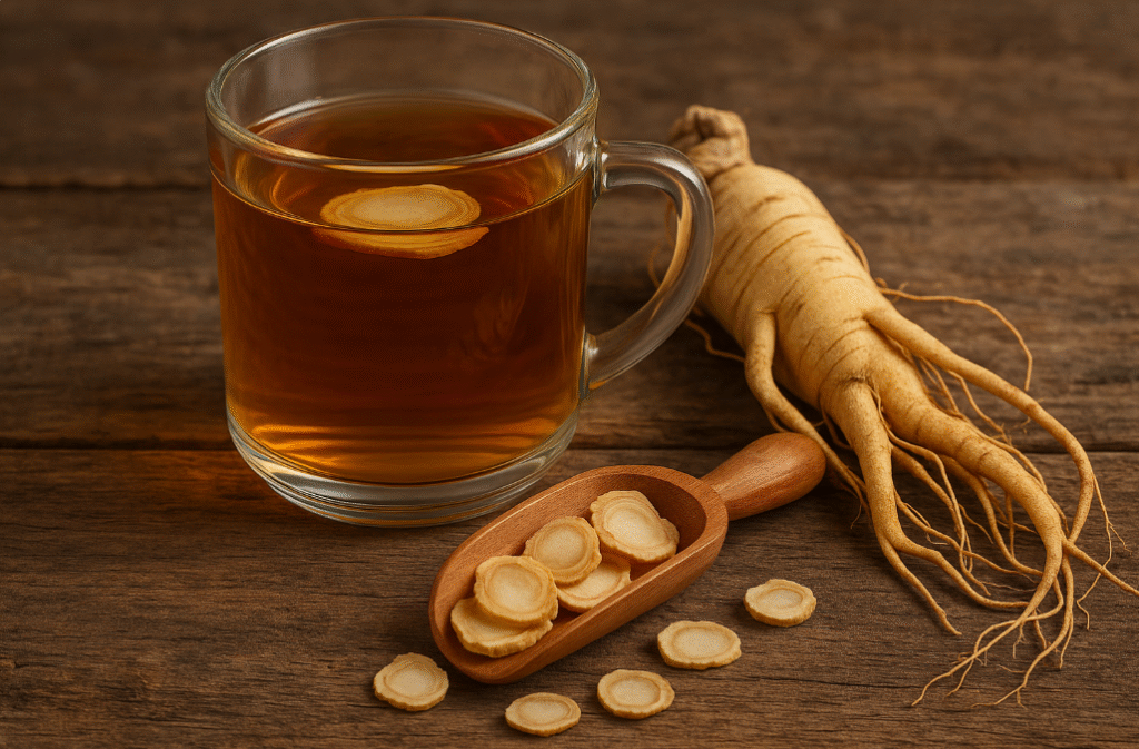 Korean ginseng root and tea symbolizing heart health benefits