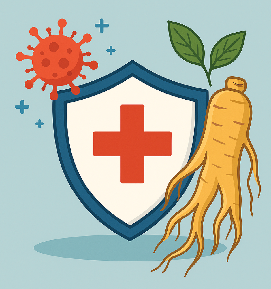 Korean ginseng root with shield and vitality symbols