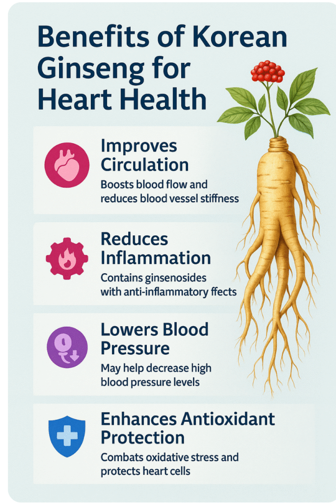 Infographic showing benefits of Korean ginseng for cardiovascular health.