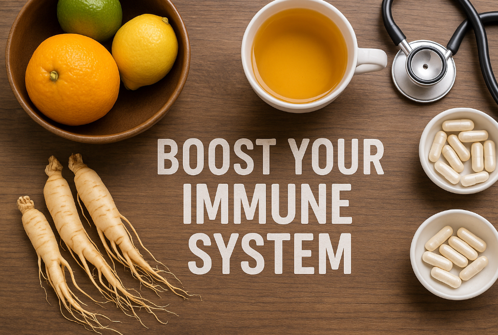 Korean ginseng roots with fruits, tea, and stethoscope symbolizing immune health