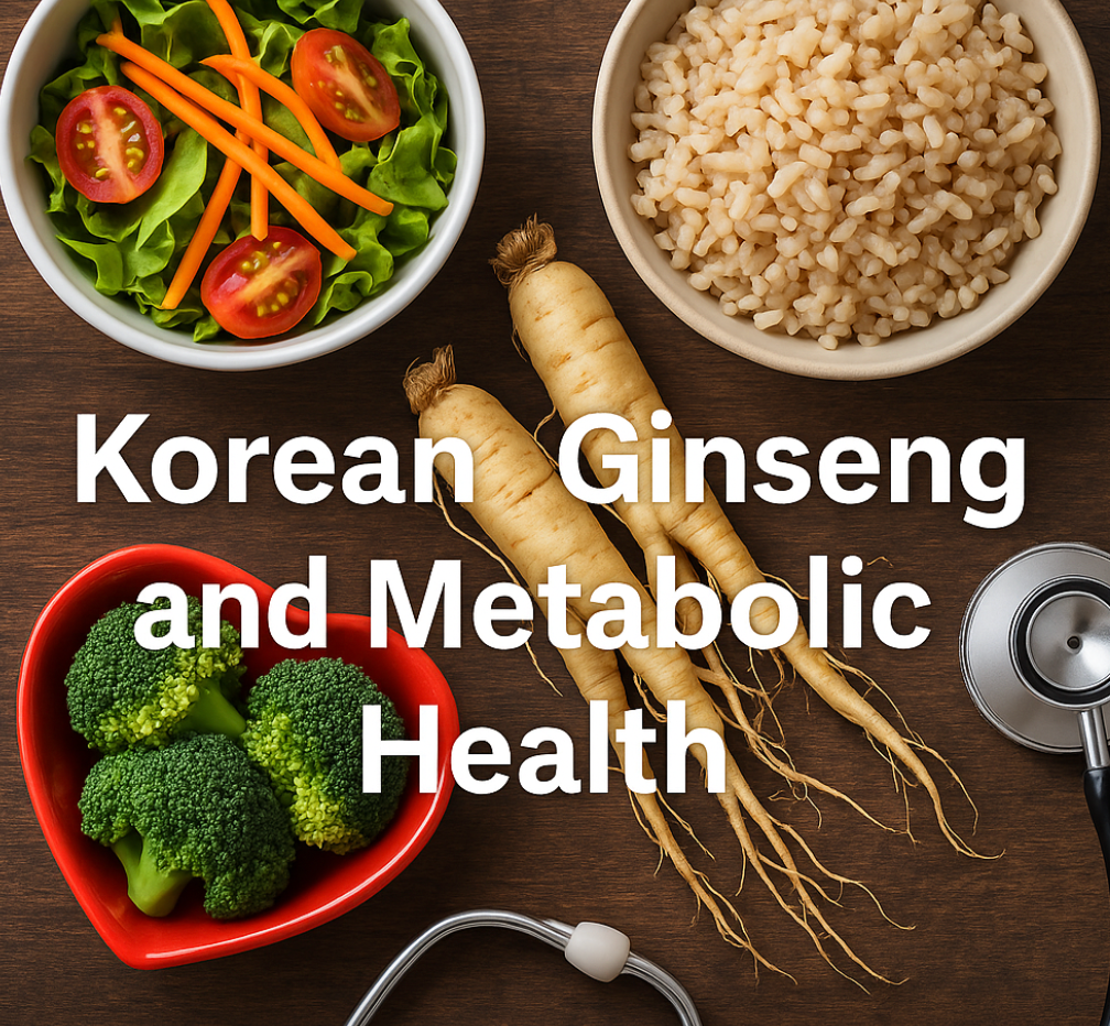 Korean ginseng roots with rice, salad, broccoli, and stethoscope representing metabolic health