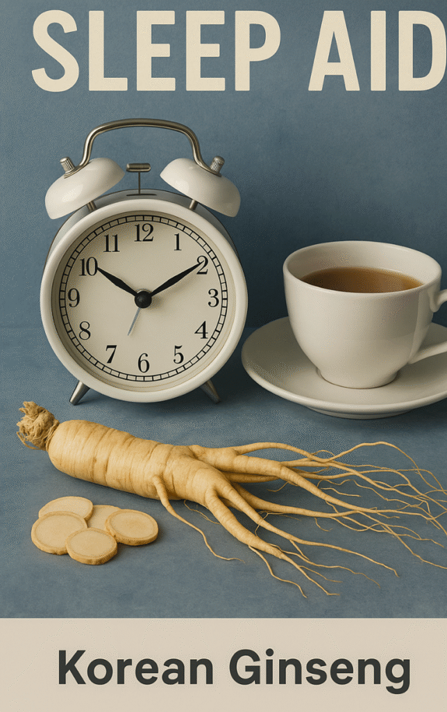 Korean ginseng root with clock and tea representing natural sleep aid