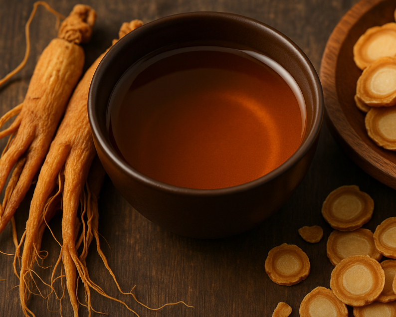 Korean ginseng tea with roots and sliced ginseng on a wooden background