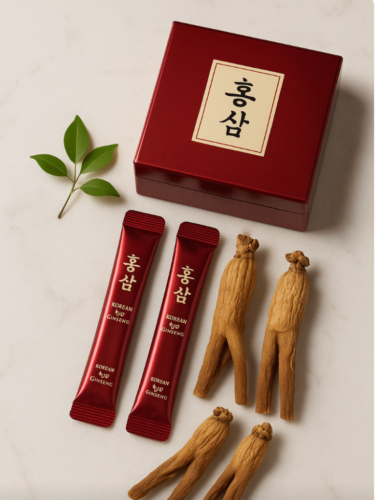 Korean Red Ginseng extract sticks and dried roots on white marble with red gift box