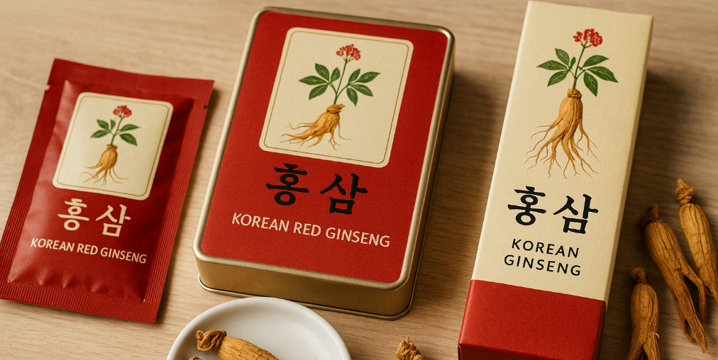 Premium Korean Red Ginseng roots and packaging on wooden table