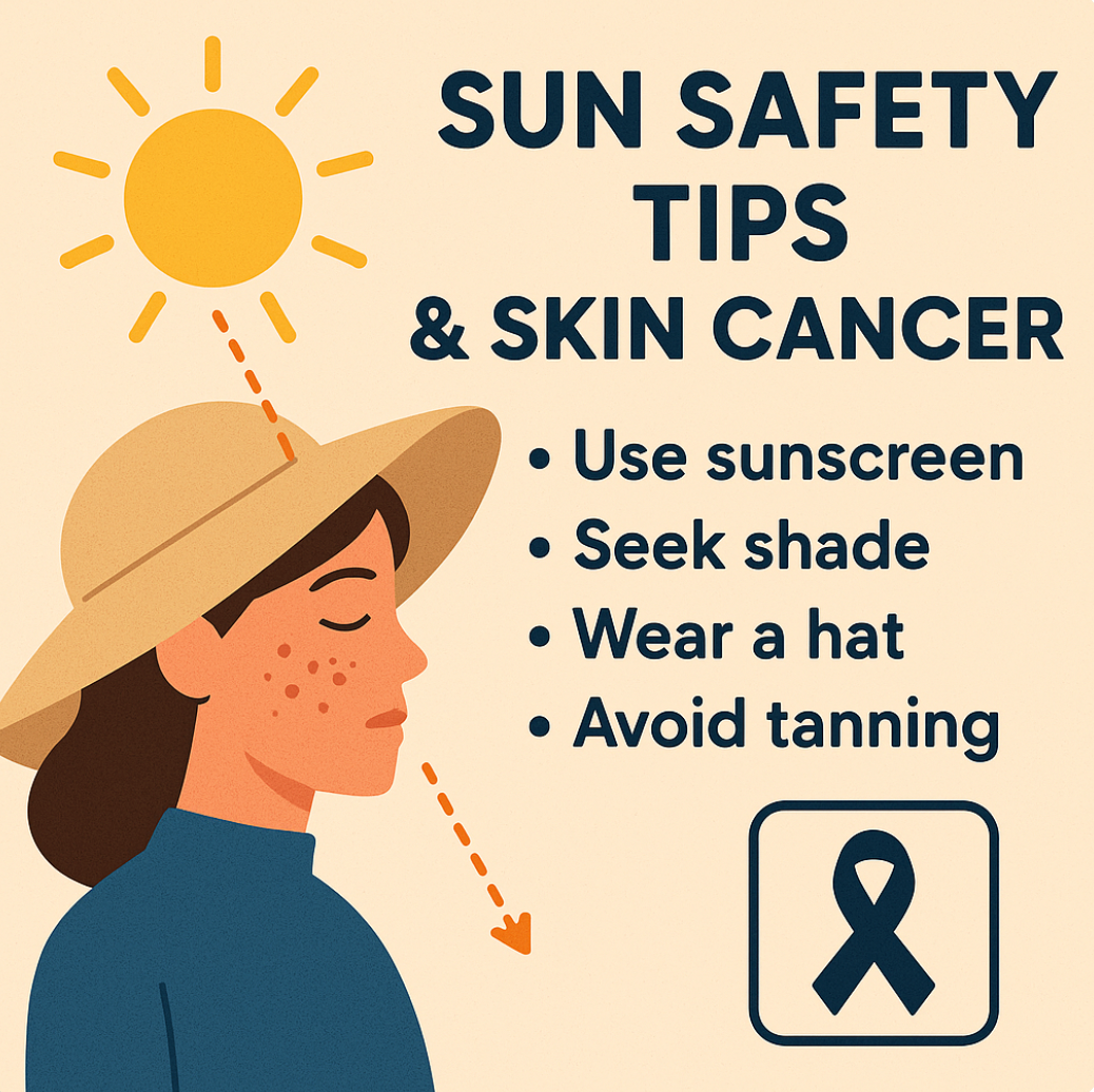 Sun protection strategies including sunscreen, shade, hats, and avoiding tanning