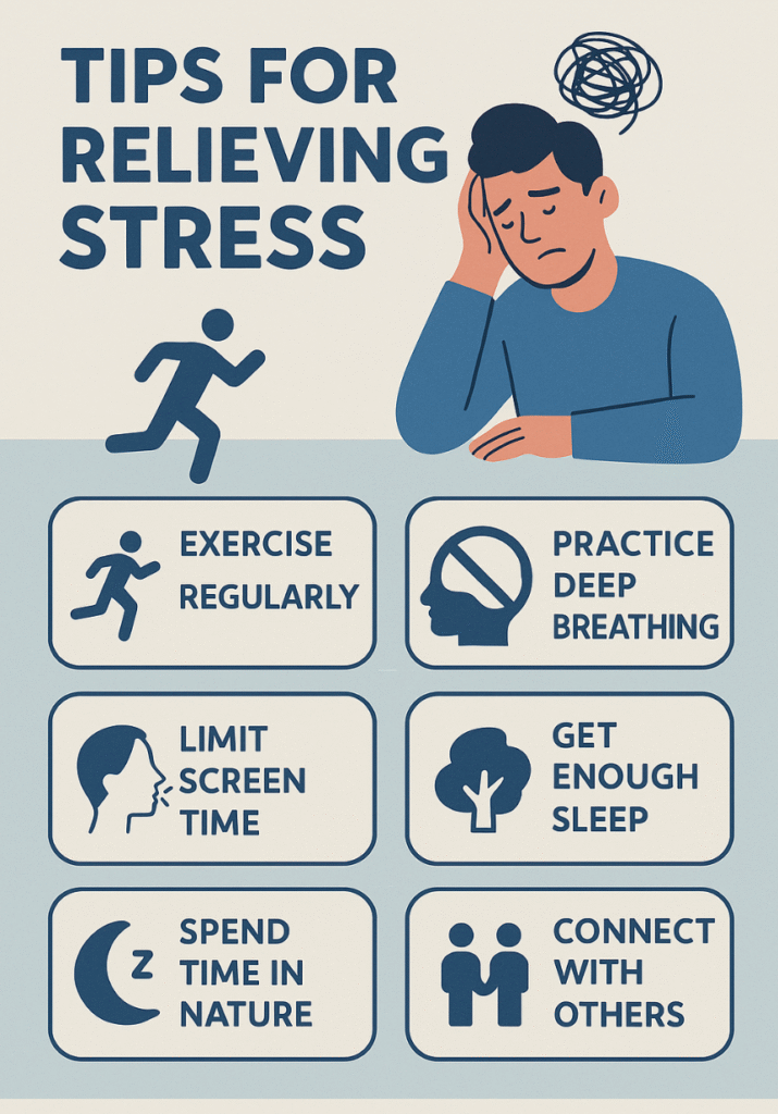 Infographic with stress relief tips including exercise, deep breathing, sleep, and social connection