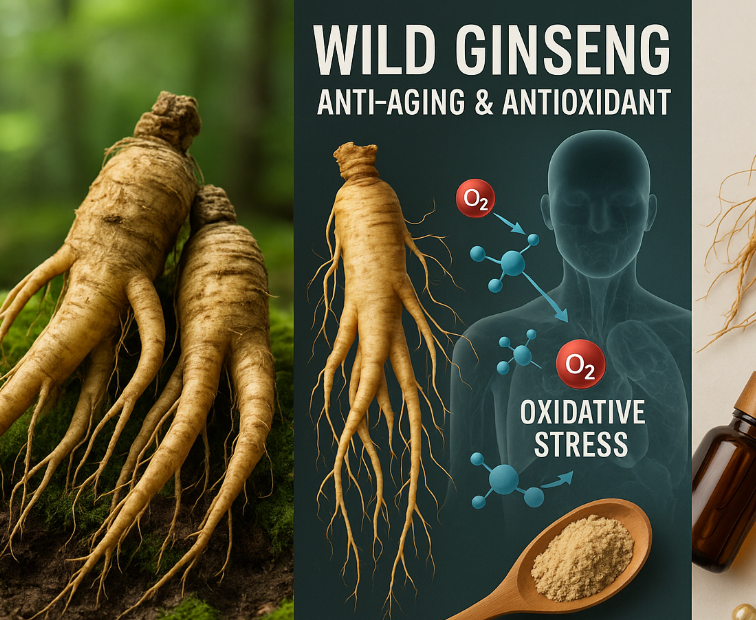 Wild Korean ginseng roots on mossy forest ground