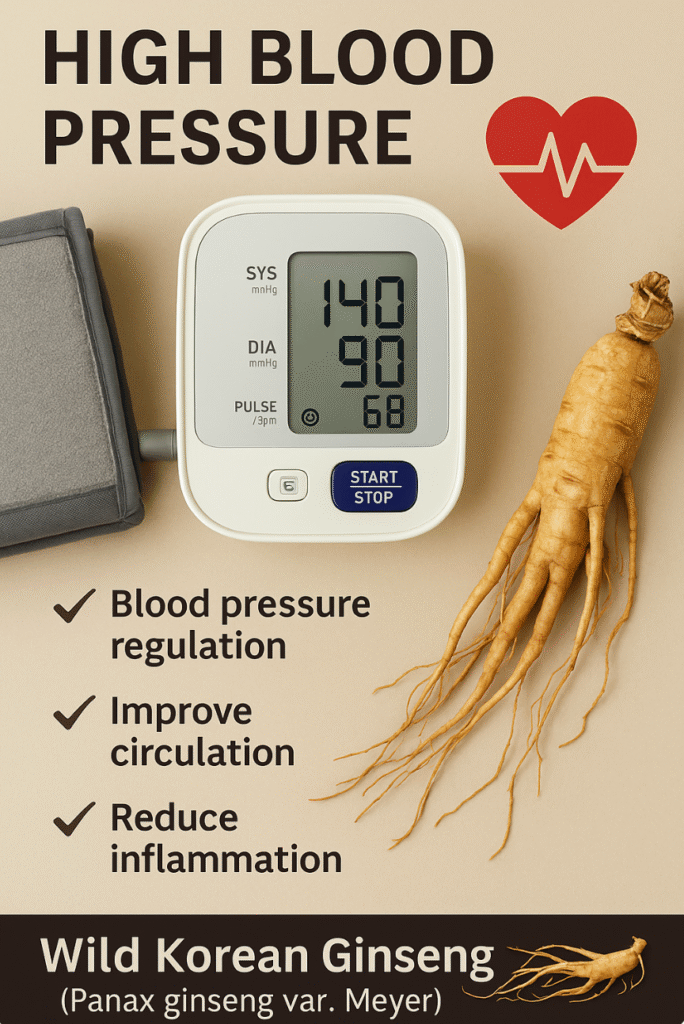 Wild Korean ginseng with a blood pressure monitor showing hypertension