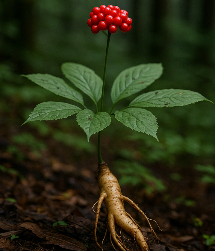 Wild Korean ginseng (sansam) with red berries and partially unearthed root on a forest floor near Jirisan