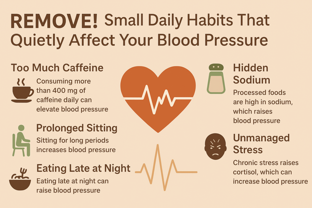 Flat-style infographic showing lifestyle habits that affect blood pressure, such as stress, sodium, and caffeine