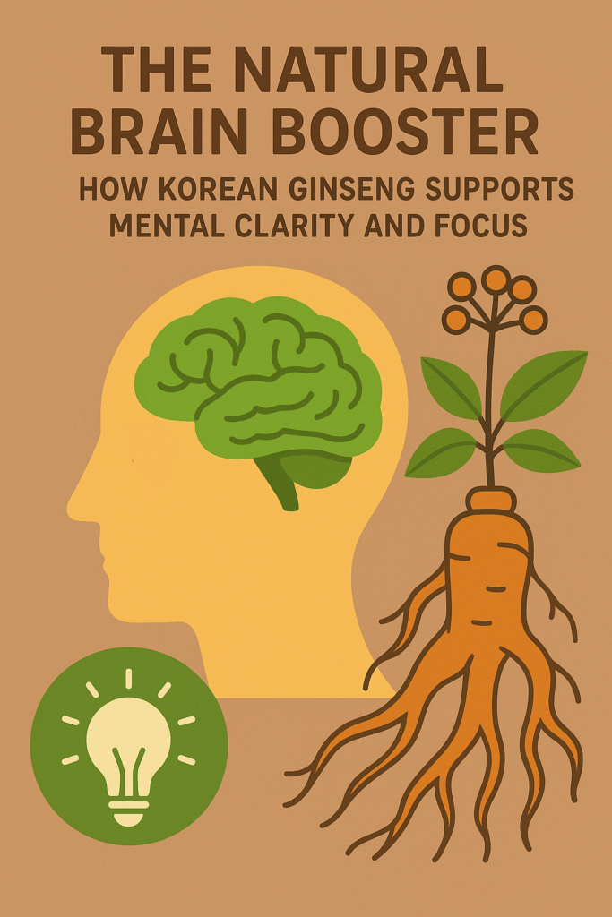Korean Ginseng roots and icons representing brain health and focus