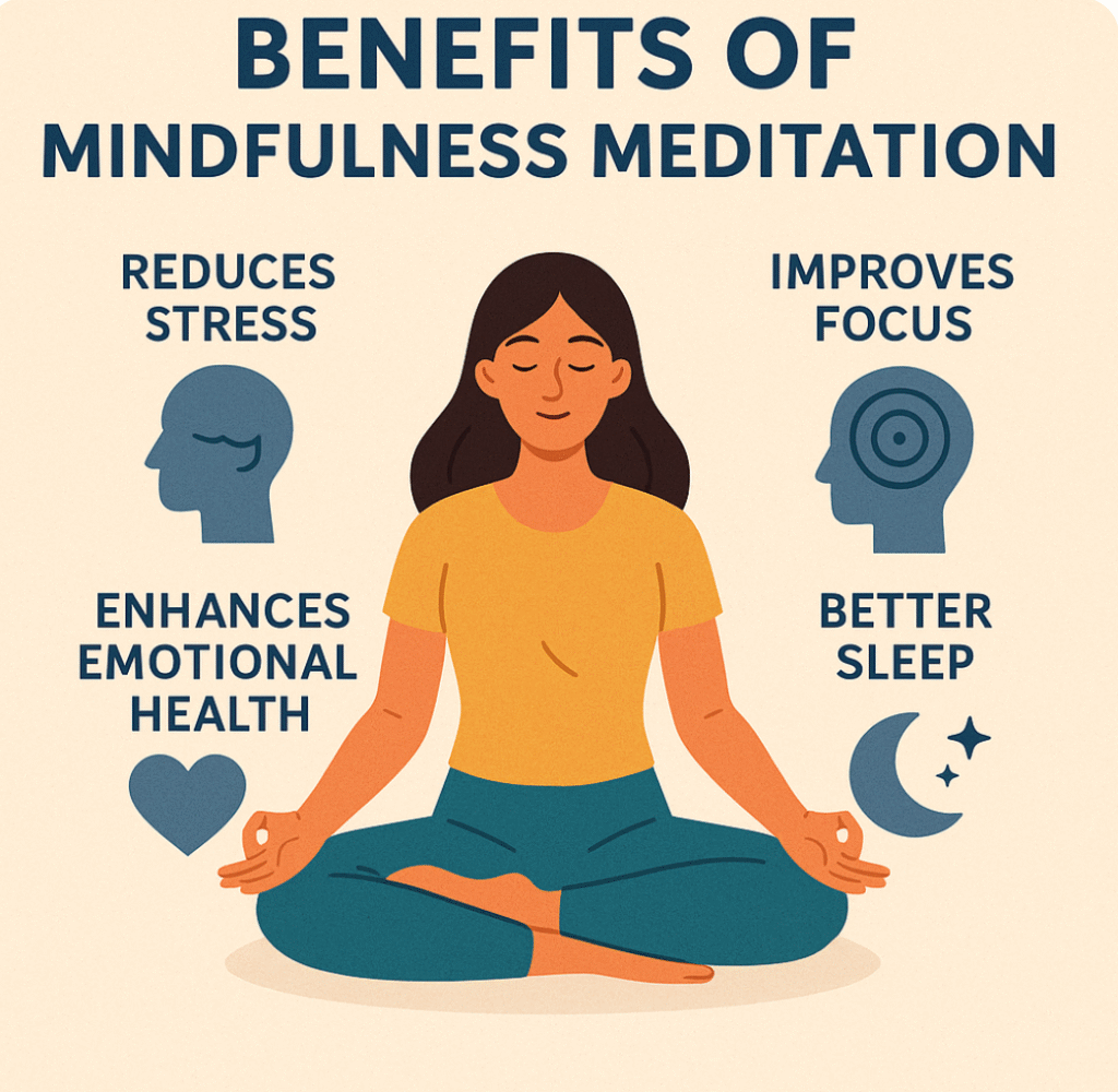 Infographic showing benefits of mindfulness meditation such as reduced stress, improved focus, better sleep, and emotional health