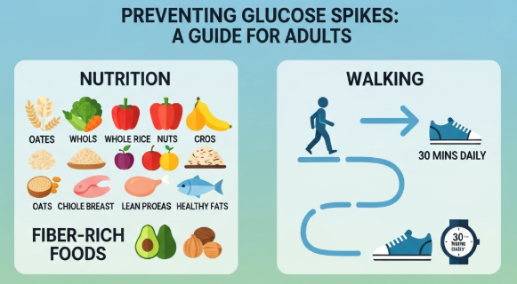 Illustration of healthy foods and lifestyle tips for stabilizing blood sugar in non-diabetic adults.