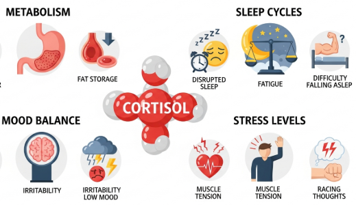 Diagram showing how cortisol affects weight, sleep, mood, and overall health in adults aged 25 to 45.