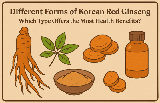 Various forms of Korean Red Ginseng including capsules, extract, tea, and powder