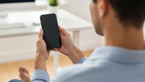 Person holding smartphone at eye level for better posture