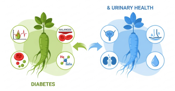 Illustration showing a person frequently urinating, supported by Korean ginseng for diabetes