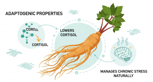 Panax ginseng roots used for stress relief and cortisol balance