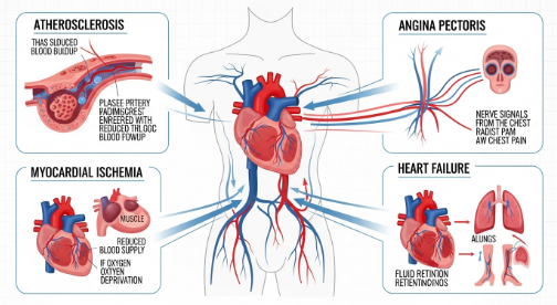 Scientific infographic explaining heart disease symptoms