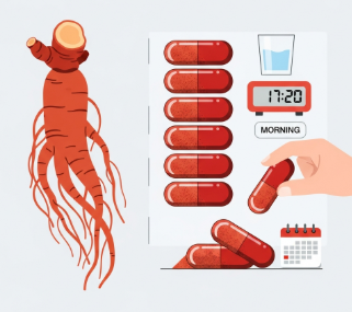 Korean Red Ginseng roots and supplements arranged for a daily routine