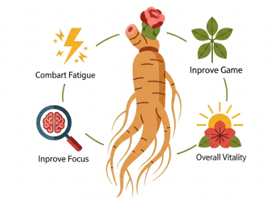 Korean ginseng roots on a wooden table illustrating natural energy support and fatigue relief.