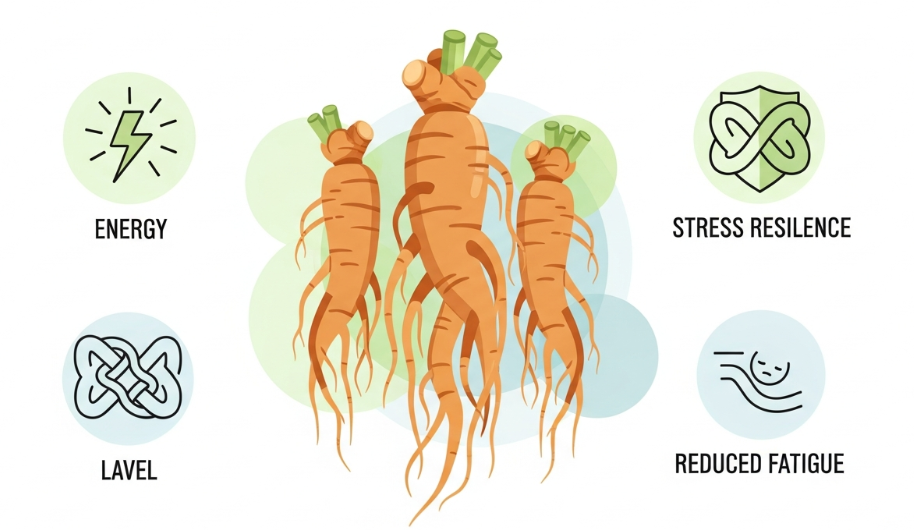 Korean ginseng root illustration showing its potential benefits for fatigue and natural energy support