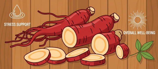 Korean red ginseng roots symbolizing natural stress-relief support