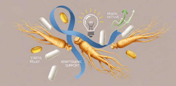 Korean ginseng roots and capsules illustrating natural stress relief and adaptogenic support.