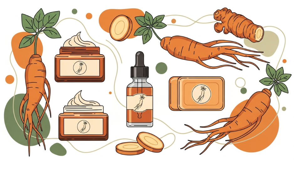 Korean Red Ginseng root and skincare serum symbolizing natural anti-aging and inflammation relief