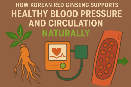 Korean Red Ginseng roots and heart symbol showing natural blood pressure support