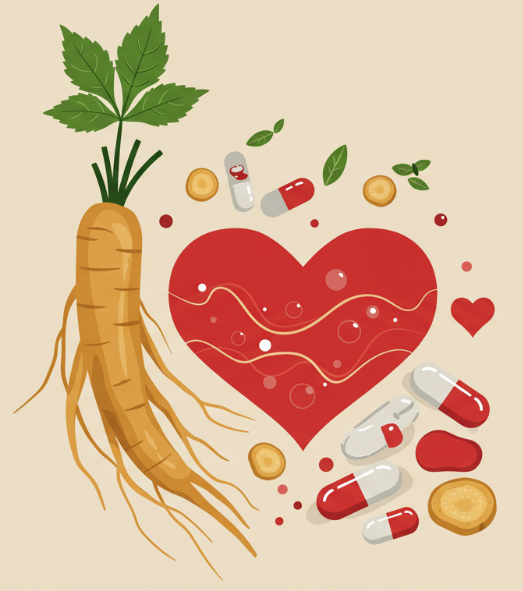 Korean Red Ginseng roots with heart and blood pressure monitor symbolizing natural circulation support