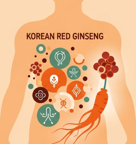 Korean Red Ginseng roots with glucose molecule and insulin symbol representing natural blood sugar balance