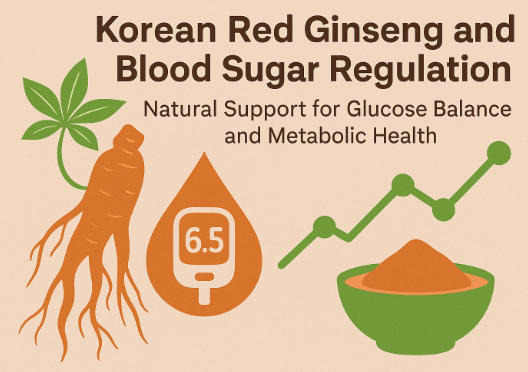 Korean Red Ginseng roots and glucose monitor symbolizing natural blood sugar regulation