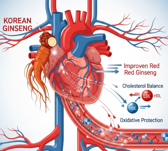 Korean Red Ginseng roots and a human heart illustration symbolizing improved circulation and cardiac vitality.