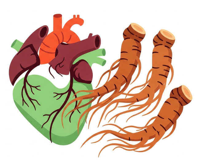 Korean Red Ginseng roots with a heart and artery illustration symbolizing natural cholesterol balance and heart support
