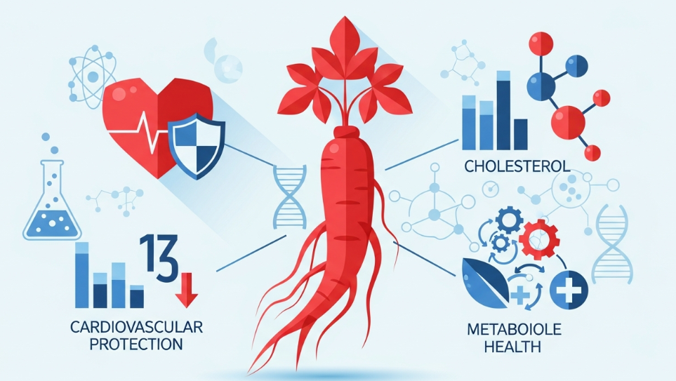 Korean Red Ginseng roots with heart and cholesterol symbols representing natural support for lipid balance.