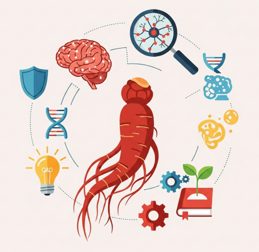 Korean Red Ginseng roots with brain symbol representing memory, focus, and cognitive enhancement.