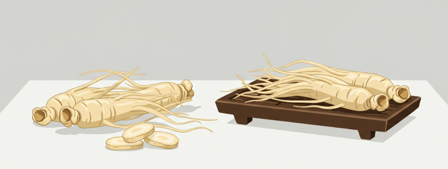 Korean Red Ginseng roots with symbols of vitality, heart, brain, and immunity