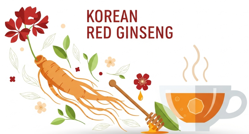 Korean Red Ginseng roots and tea symbolizing natural energy and vitality