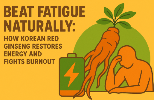 Korean Red Ginseng roots and tonic symbolizing natural energy and fatigue recovery