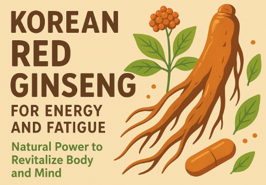 Korean Red Ginseng roots and tea symbolizing natural energy and fatigue recovery