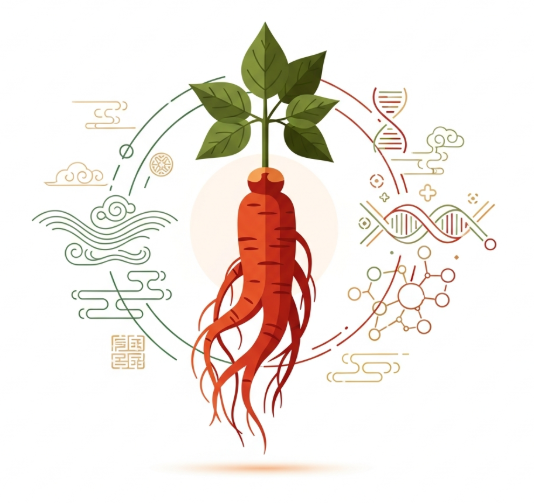 Korean Red Ginseng roots and tea with immune shield icon symbolizing natural energy and immunity support.