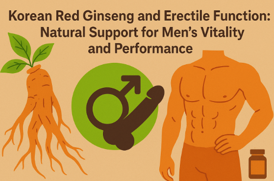 Korean Red Ginseng roots beside heart and vitality symbols representing improved male performance