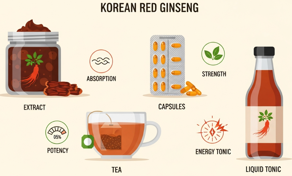 Various Korean Red Ginseng products including extract, capsules, tea, and liquid on a wooden table.