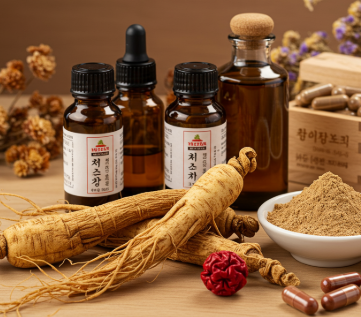 Various Korean Red Ginseng forms including extracts, powders, capsules, and tea on a wooden table