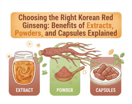 Various forms of Korean Red Ginseng including capsules, extract, and powder
