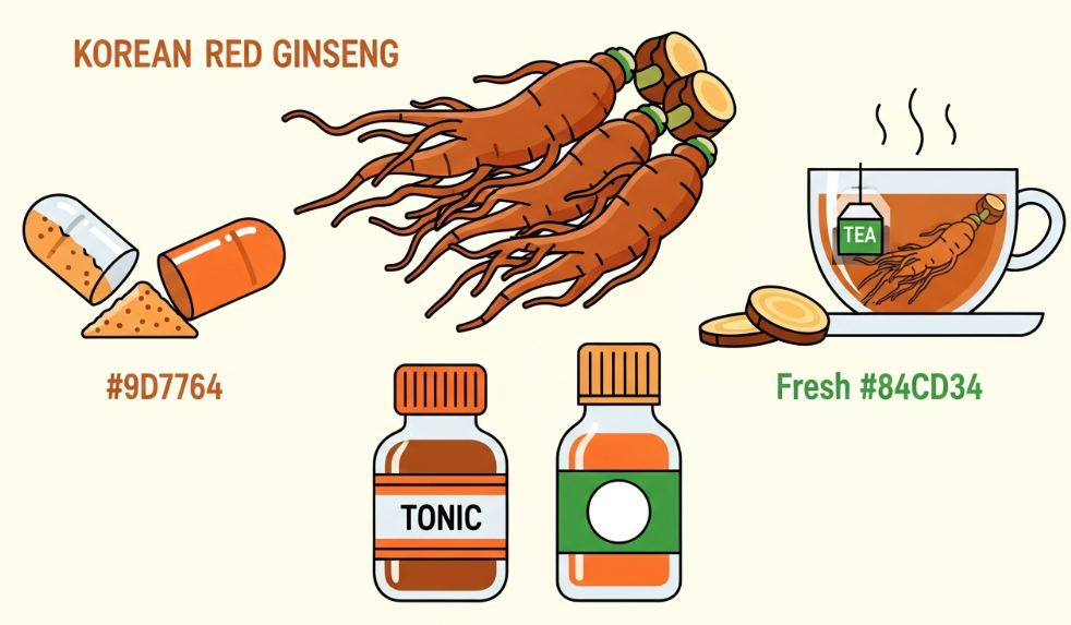 Various forms of Korean Red Ginseng including roots, capsules, tea, and liquid extract